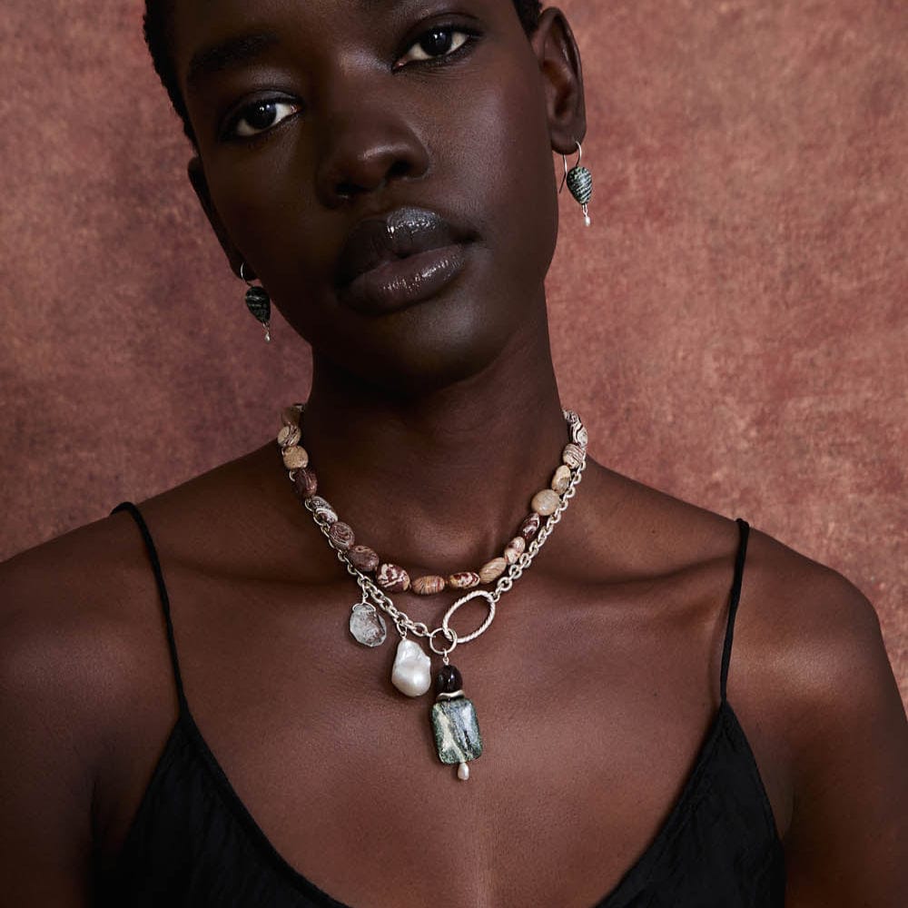 NKL-JM Silver Plated Brass Short Asymmetrical  Charm Neck