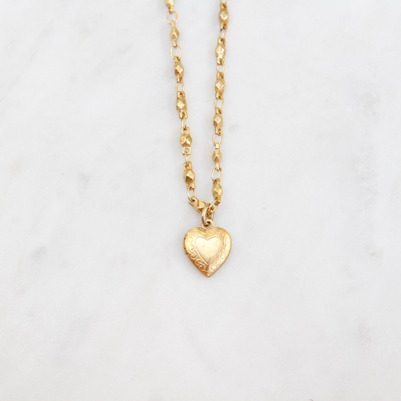 NKL-JM Small Heart Locket on Bead Link Chain - Gold Plate