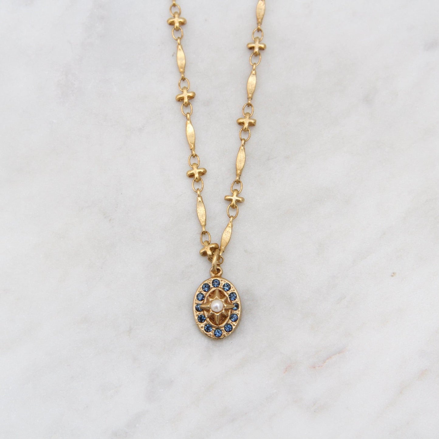 NKL-JM Small Oval Crystal Pendant on Long Link Chain - Gold Plate