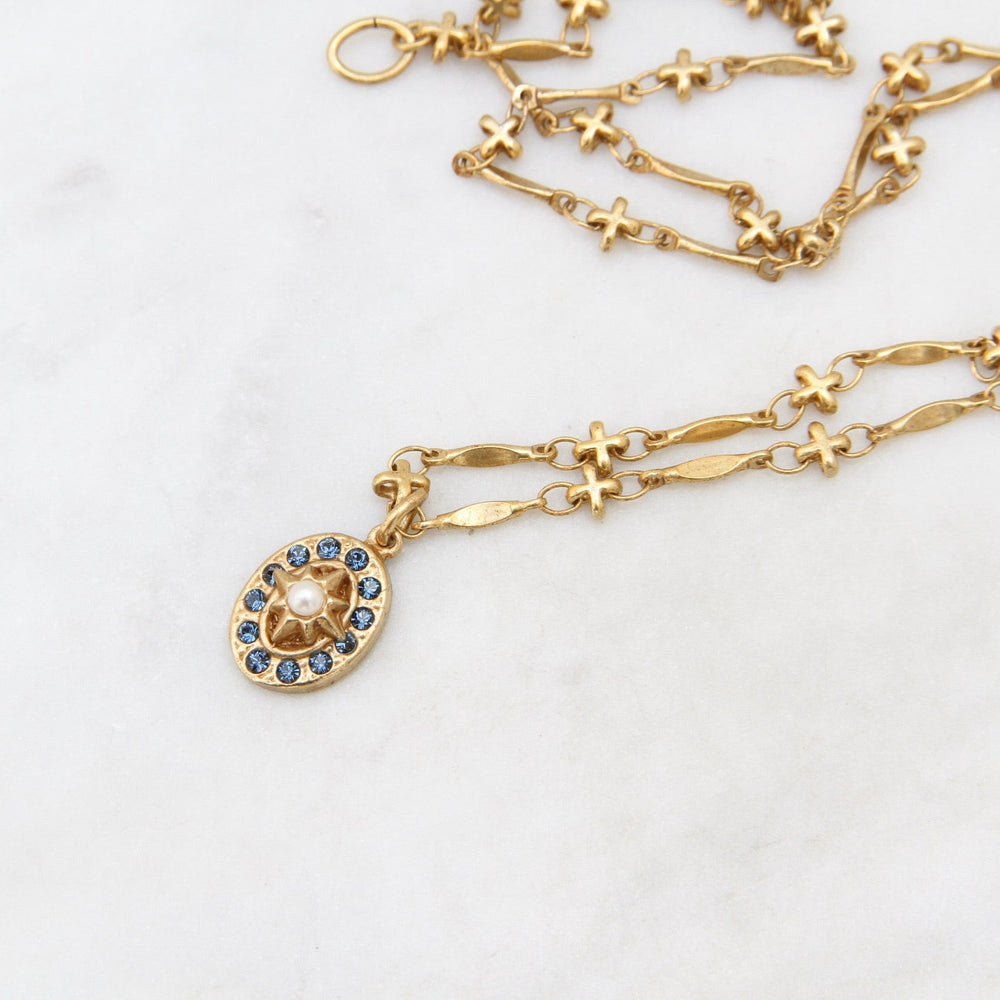 
                  
                    NKL-JM Small Oval Crystal Pendant on Long Link Chain - Gold Plate
                  
                