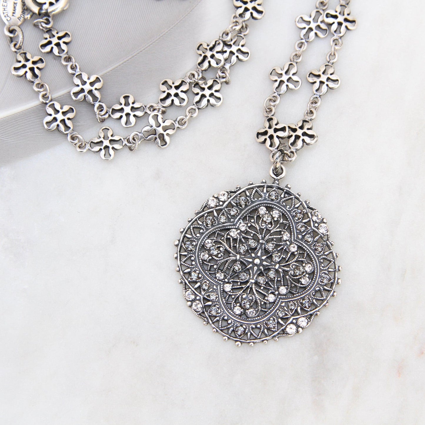 NKL-JM Swarovski Dusted Filagree Madallion on Clover Chain