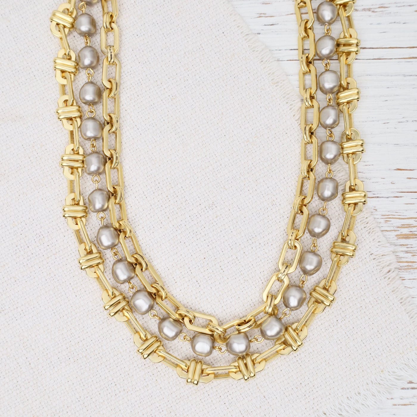 NKL-JM Triple Strand Grey Glass Pearl Chain Necklace