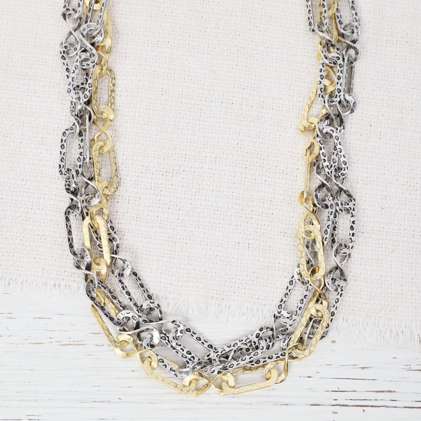 NKL-JM Triple Strand Hammered Oval Link Necklace - Gold P
