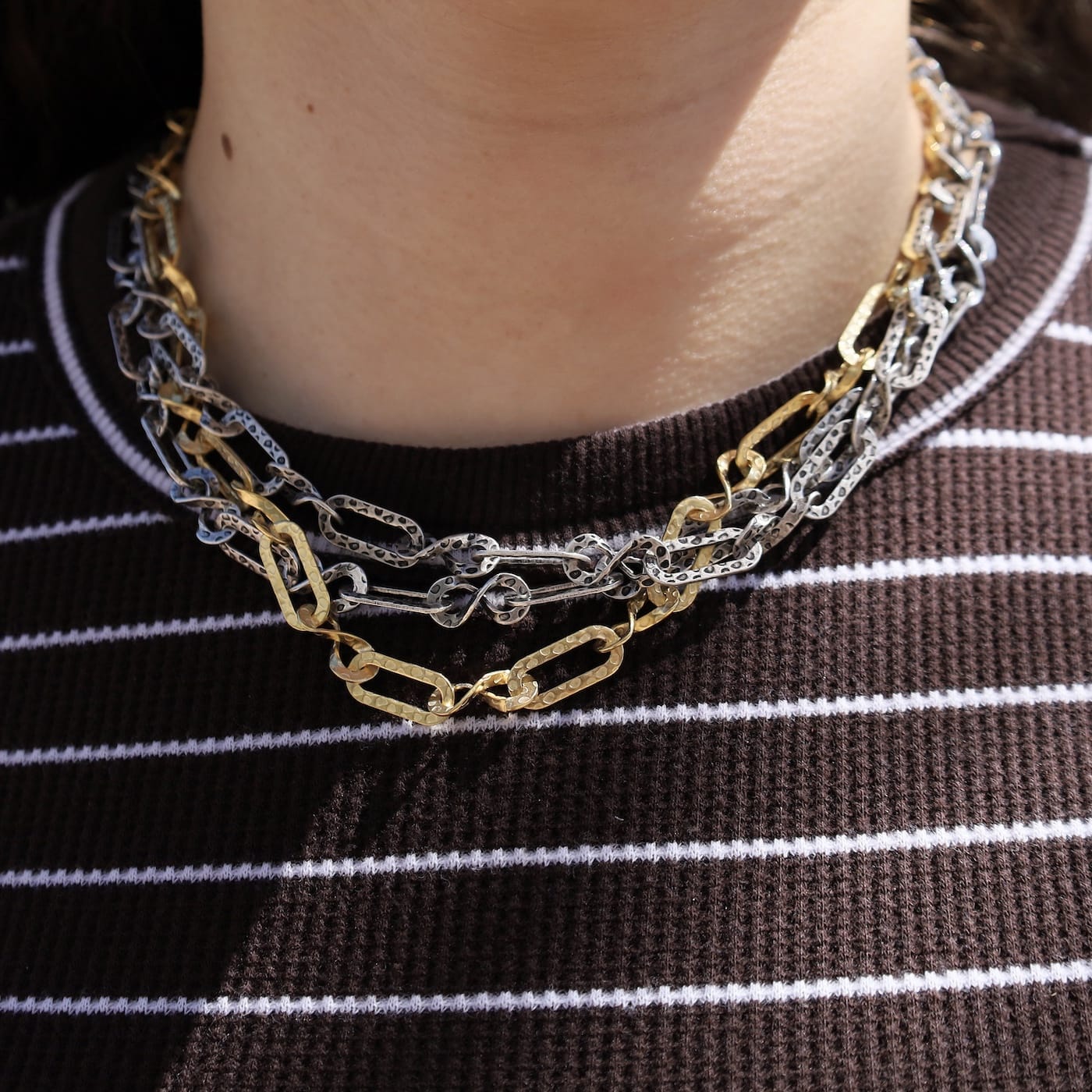 NKL-JM Triple Strand Hammered Oval Mixed Metal Link Necklace