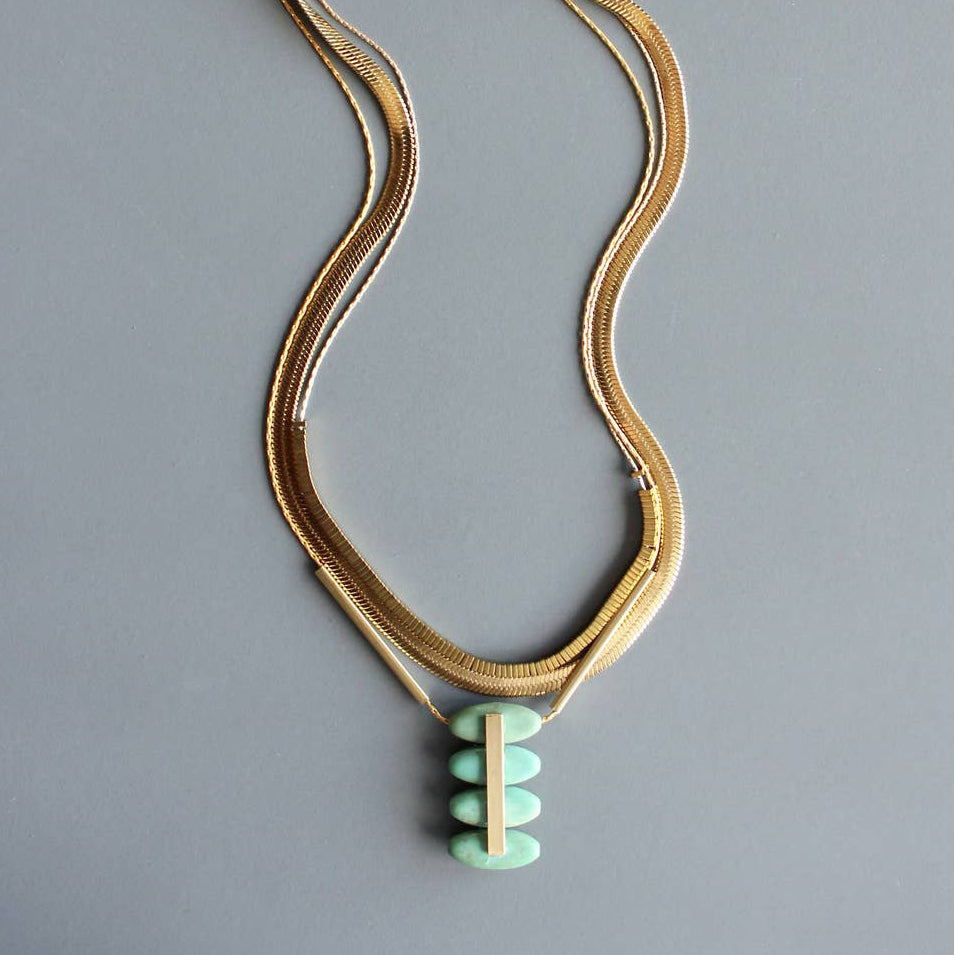 NKL-JM Triple Strand Turquoise and Snake Chain Artdeco Necklace