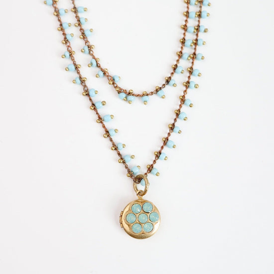 NKL-JM Turquoise Enamel Flower Necklace with Locket Pendant