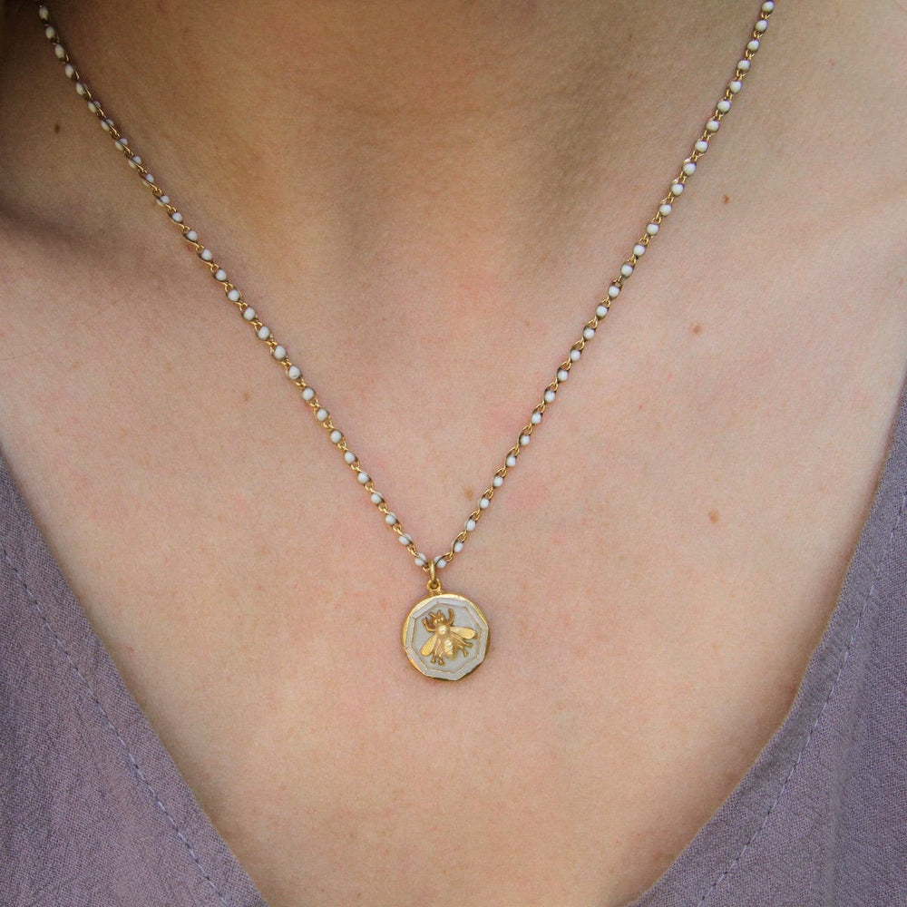 NKL-JM White Enamel Bee Charm Necklace