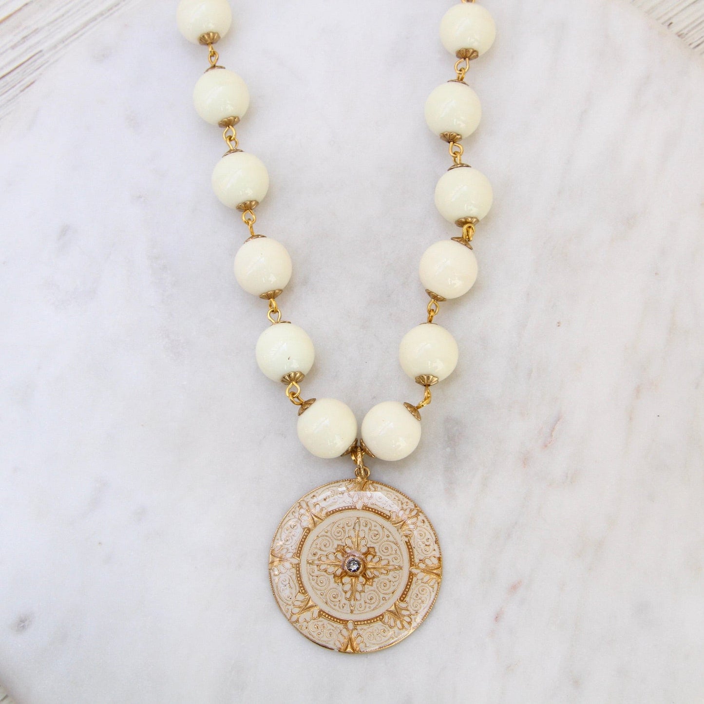 NKL-JM White Enamel Madallion on Bead Chain - Gold Plate