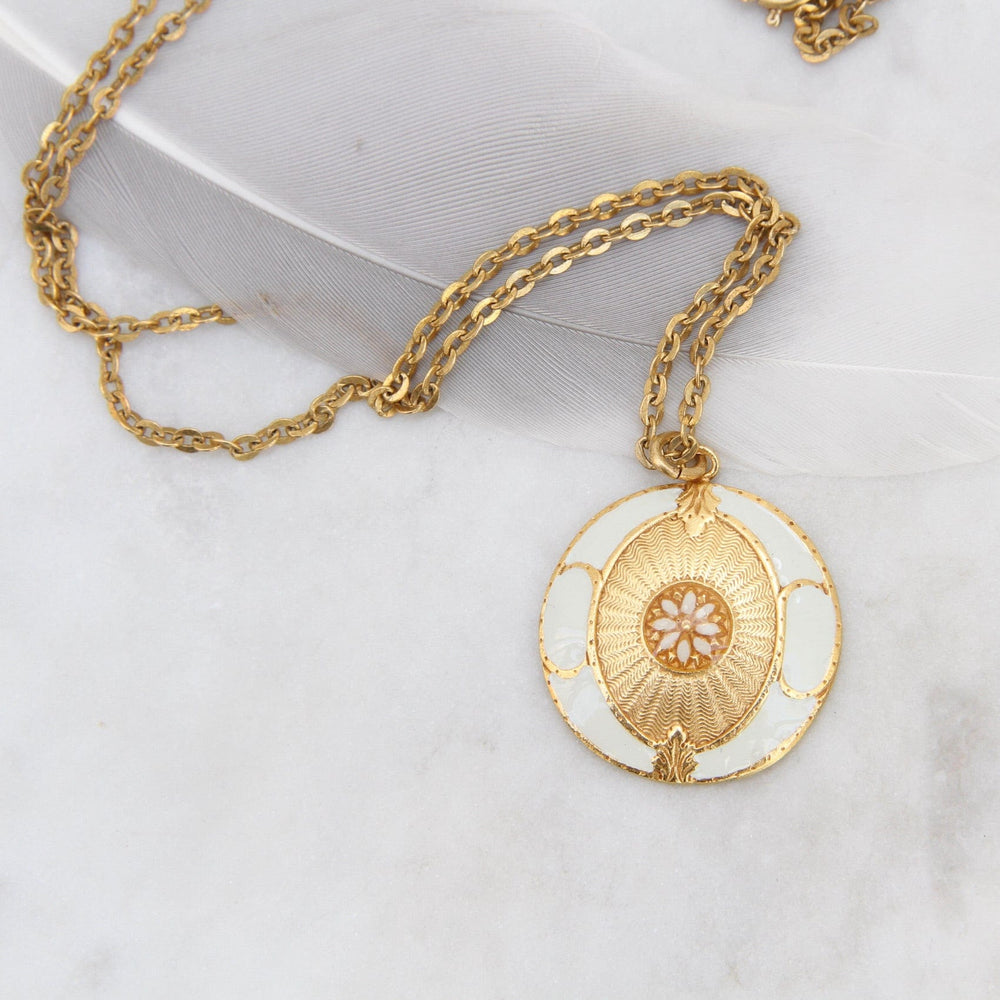 
                  
                    NKL-JM White Enamel Madallion Pendant on Delicate Link Chain
                  
                