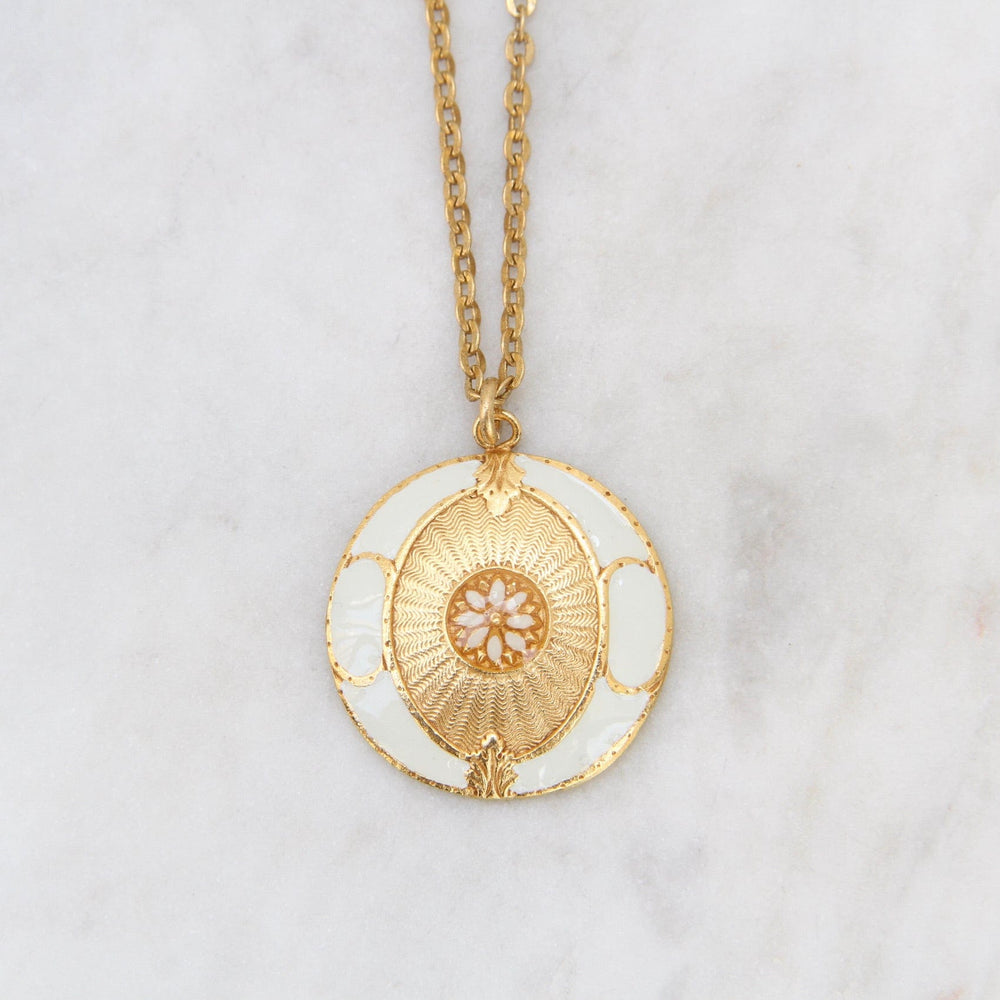 NKL-JM White Enamel Madallion Pendant on Delicate Link Chain