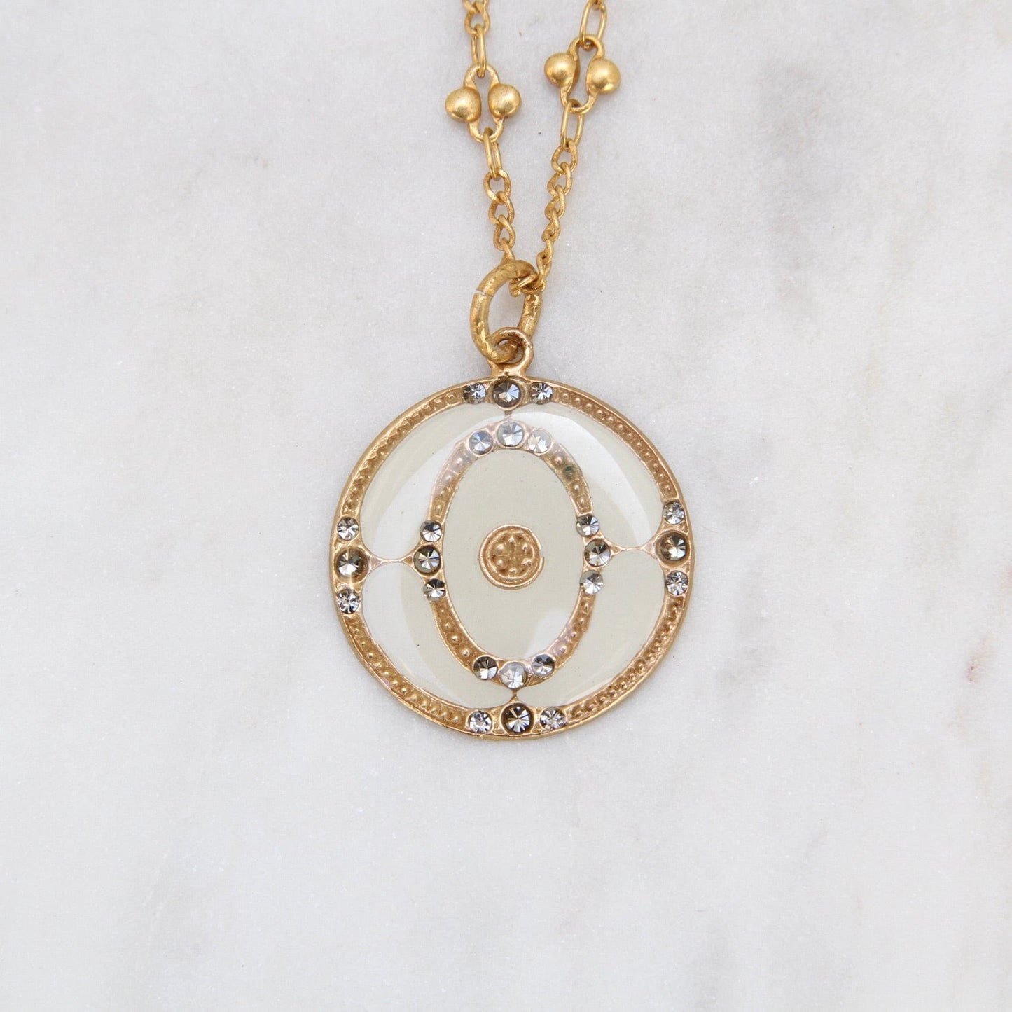 Load image into Gallery viewer, NKL-JM White Enamel Medallion Pendant with Crystals  on Chain
