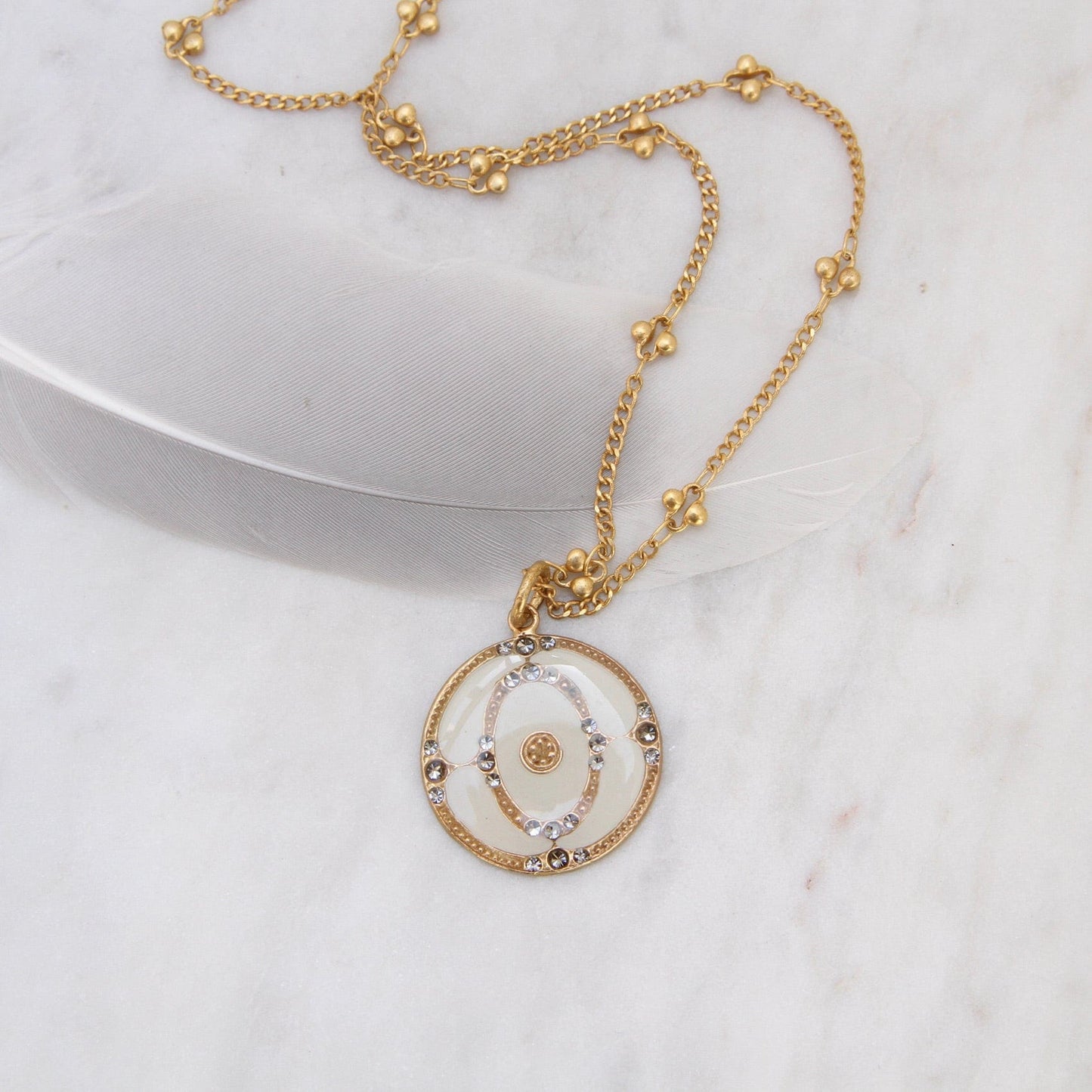 Load image into Gallery viewer, NKL-JM White Enamel Medallion Pendant with Crystals  on Chain
