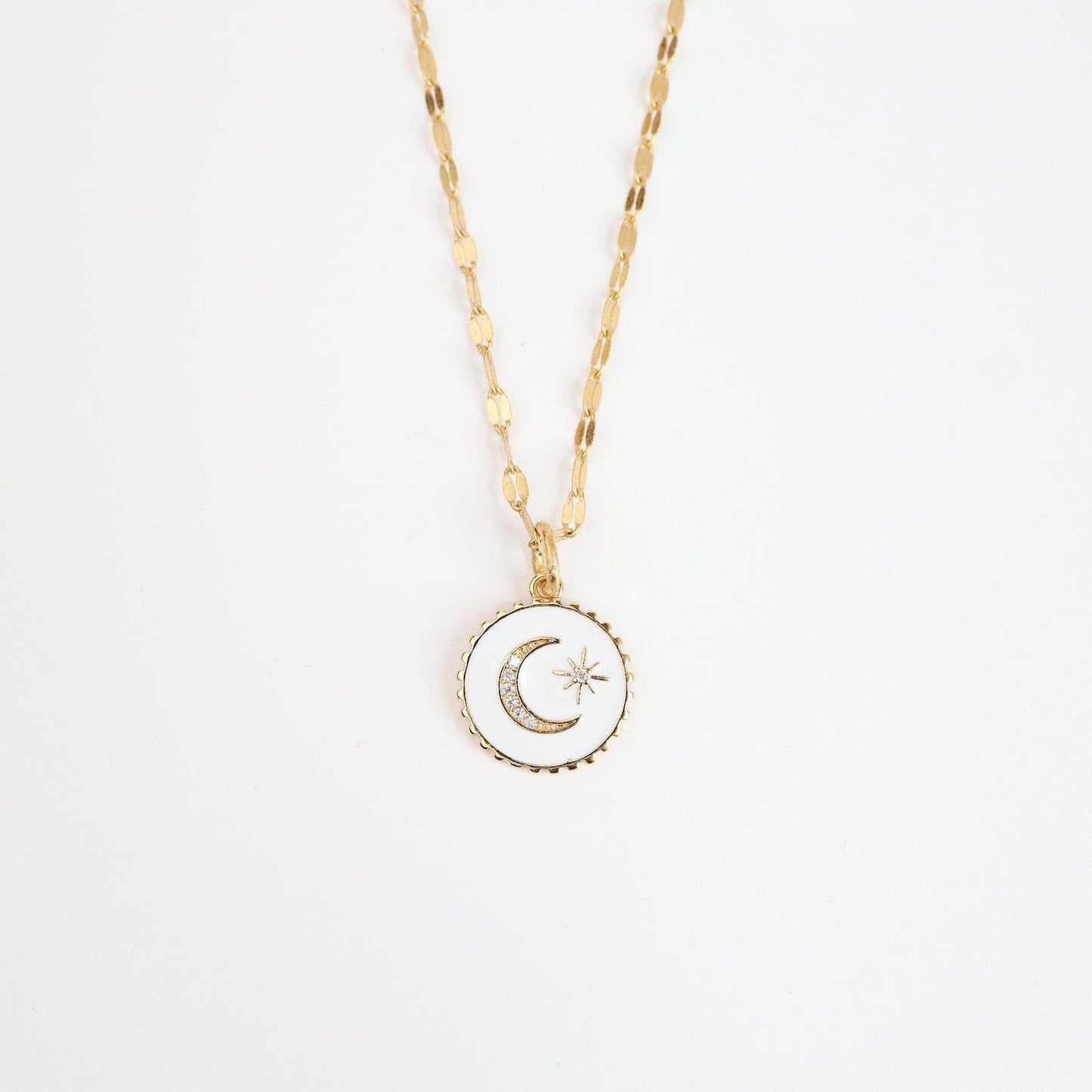 NKL-JM White Enamel Moon & Star Charm Necklace