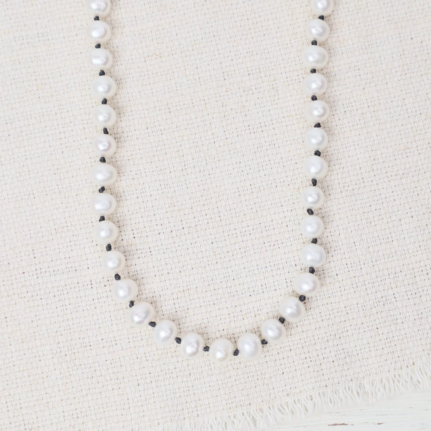 NKL Knotted White Pearl Necklace Grey Thread 17`
