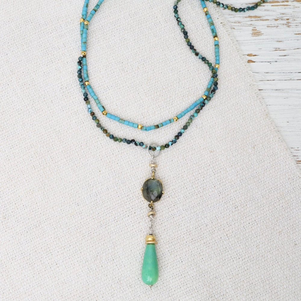 NKL Labradorite and Chalcedony Pendant on Long Turquoise Necklace