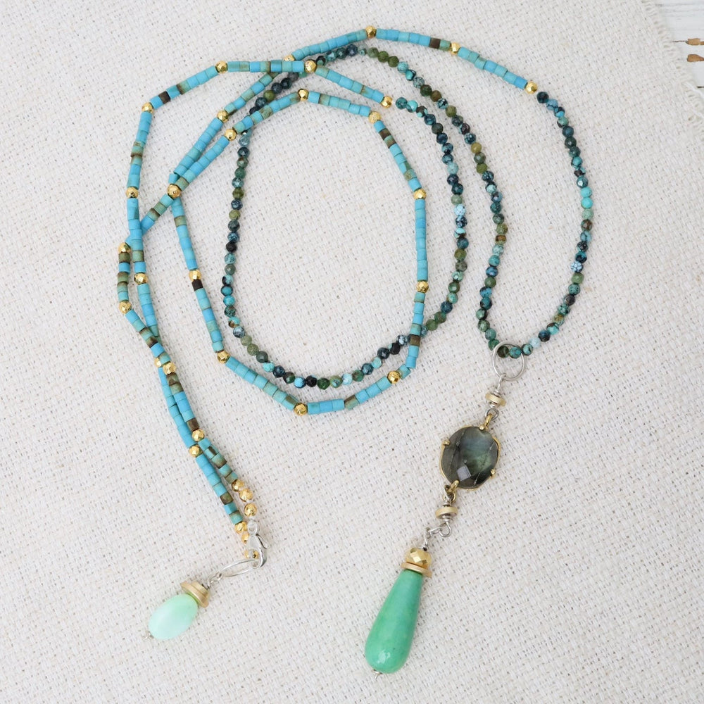 
                  
                    NKL Labradorite and Chalcedony Pendant on Long Turquoise Necklace
                  
                