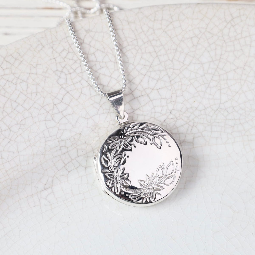 NKL Large Etched Florals Round Locket Necklace