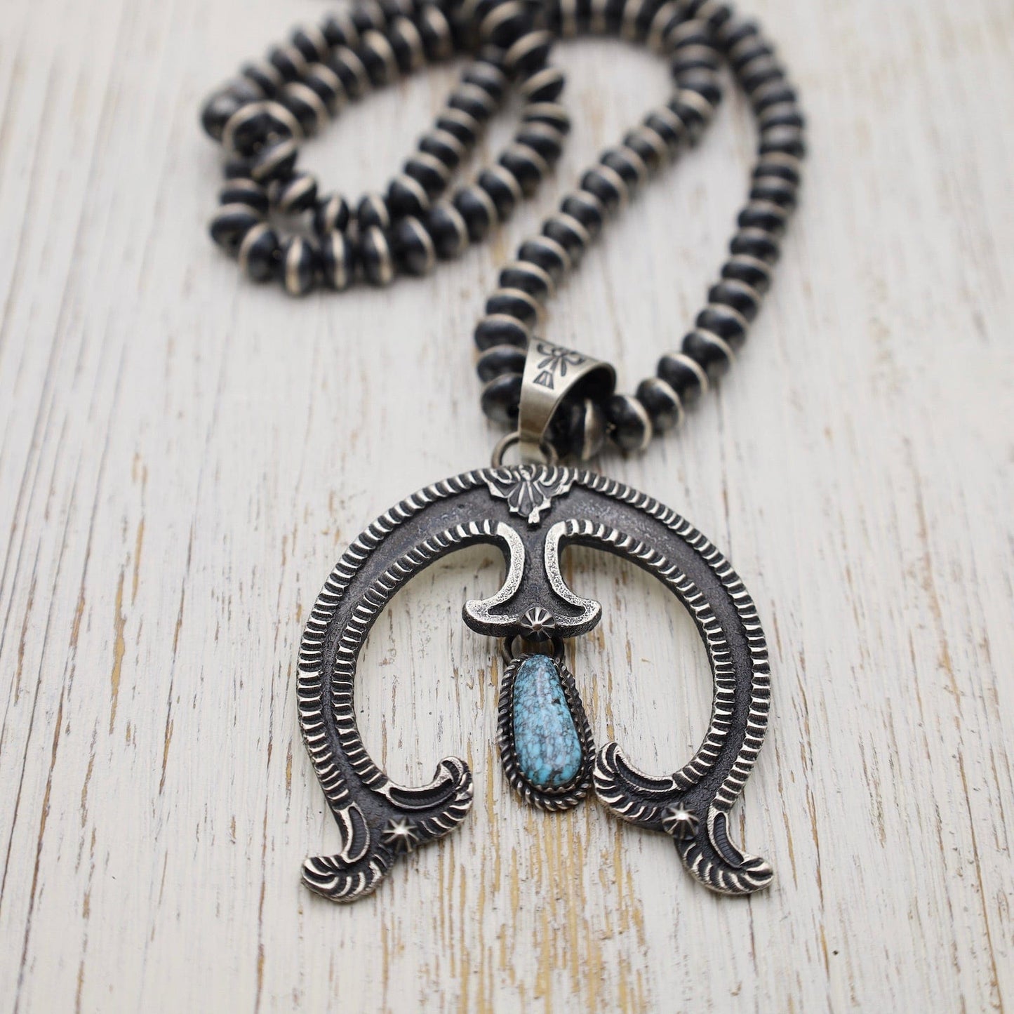 NKL Large Naja Pendant with Turquoise on Silver Bead Necklace