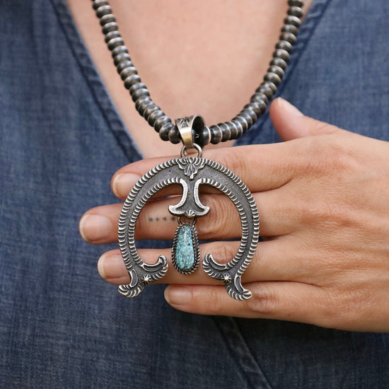 NKL Large Naja Pendant with Turquoise on Silver Bead Necklace