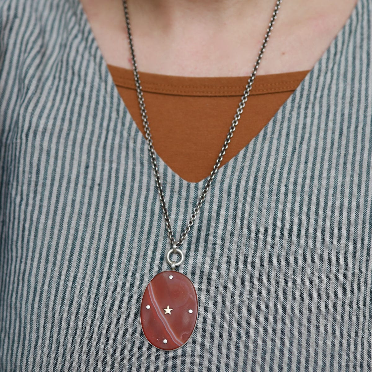 NKL Large Oval Banded Carnelian Pendant Necklace with Gold Star