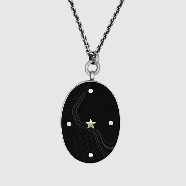 NKL Large Oval Black Banded Onyx Pendant Necklace with Gold star