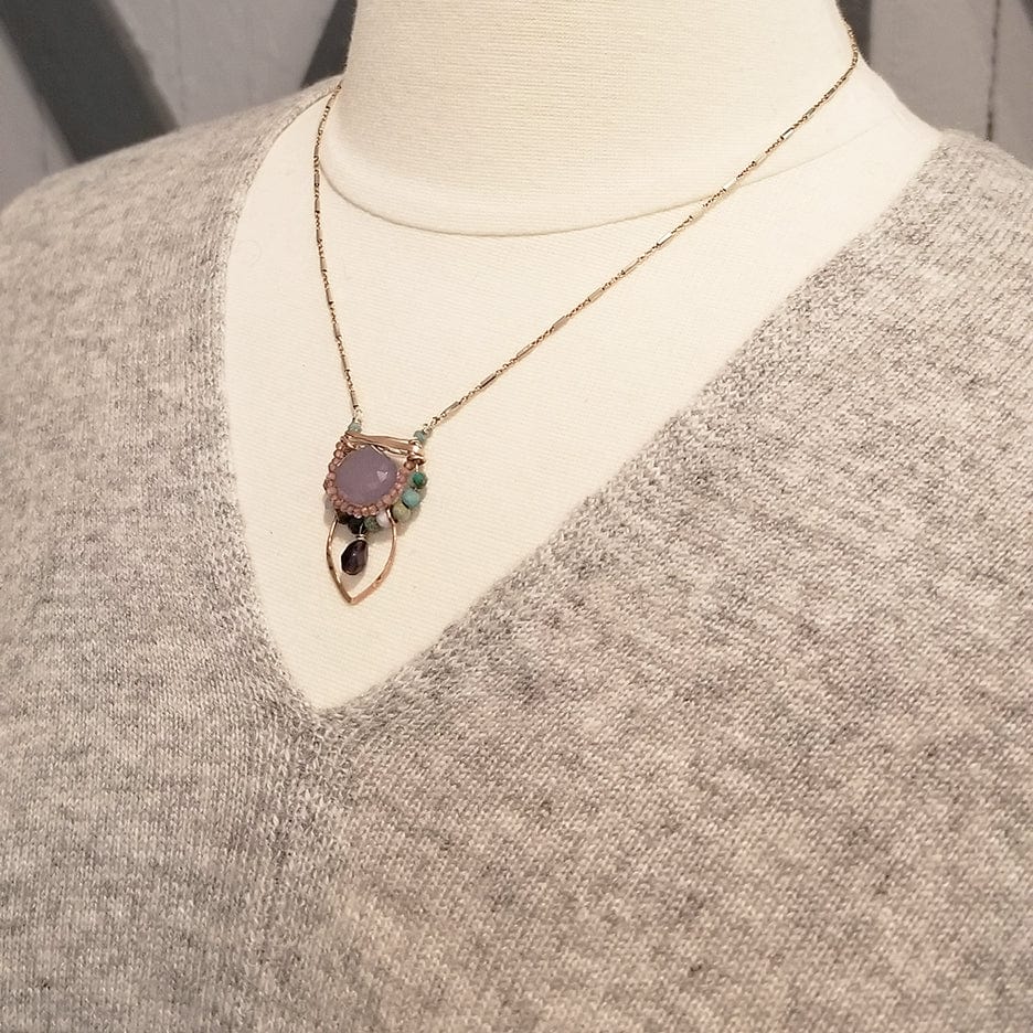 NKL LAVENDER CHALCEDONY SURROUNDED BY PINK TOURMALINE AND CHRYSOCOLLA NECKLACE