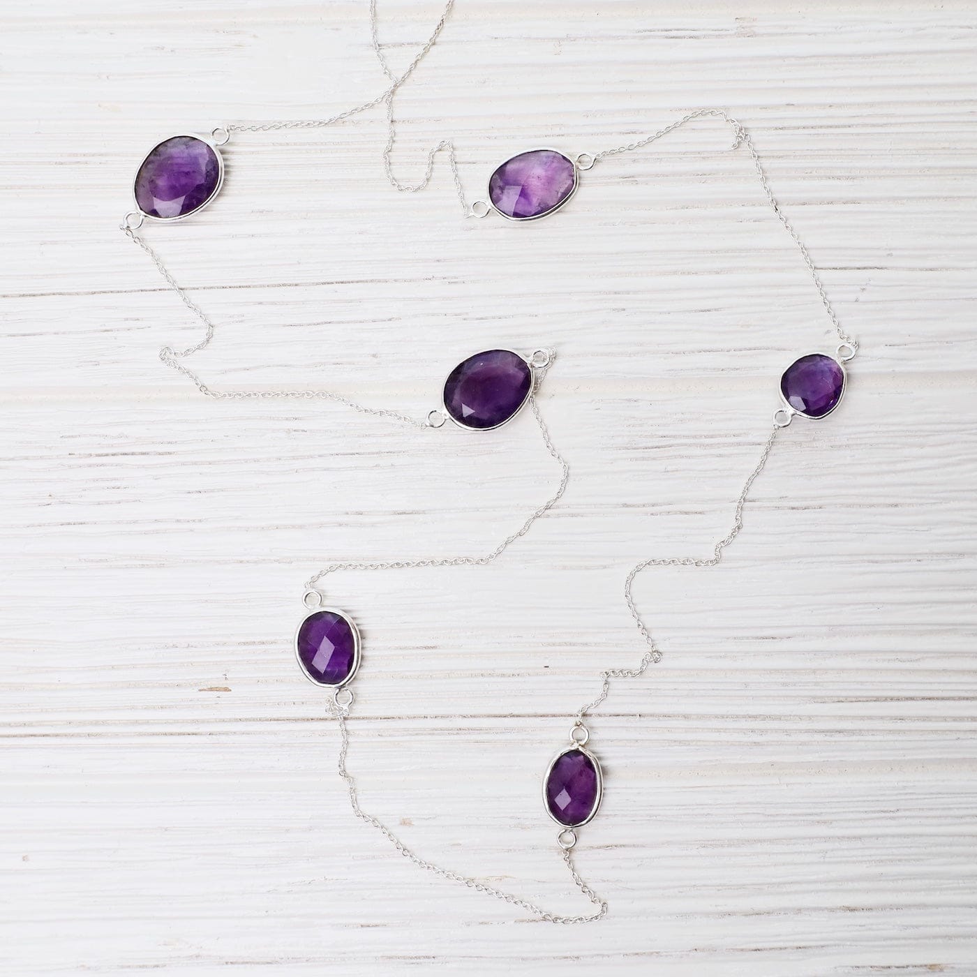 NKL Long Stone Station Necklace in Sterling Silver & Amethyst