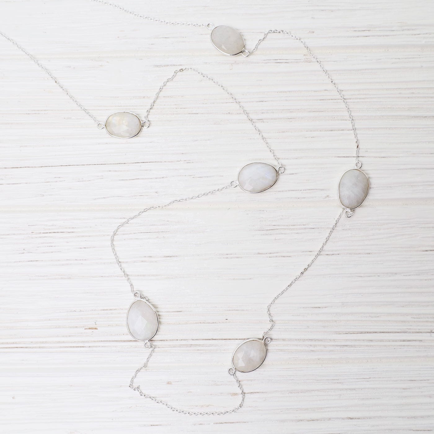 NKL Long Stone Station Necklace in Sterling Silver & Moonstone