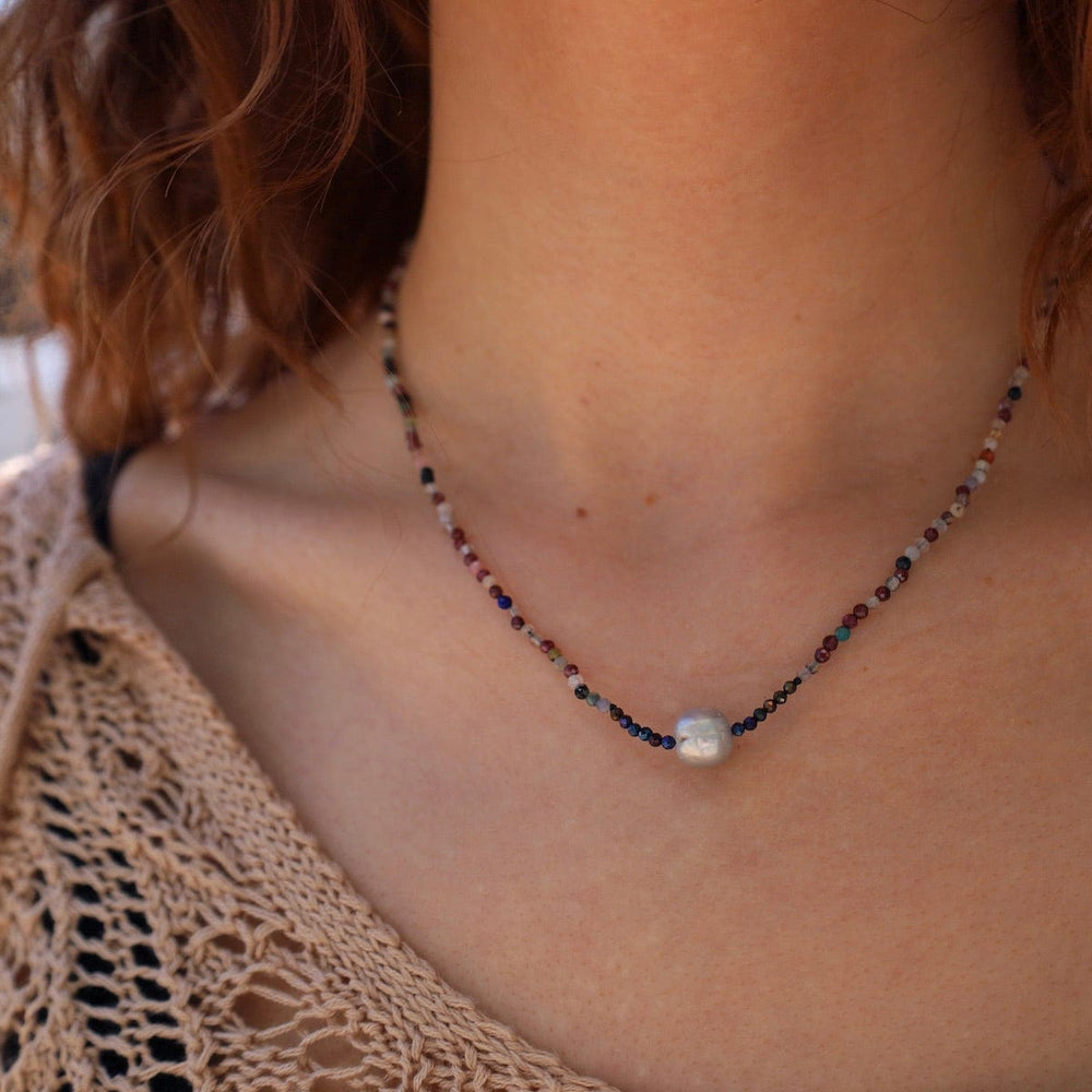 NKL Mixed Stone with Grey Pearl Necklace