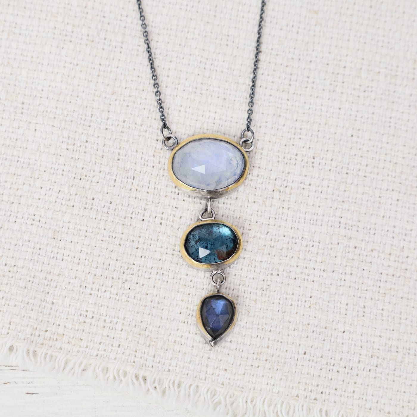 NKL Moonstone, Teal Kyanite & Labradorite Crescent Rim Triple Drop Necklace