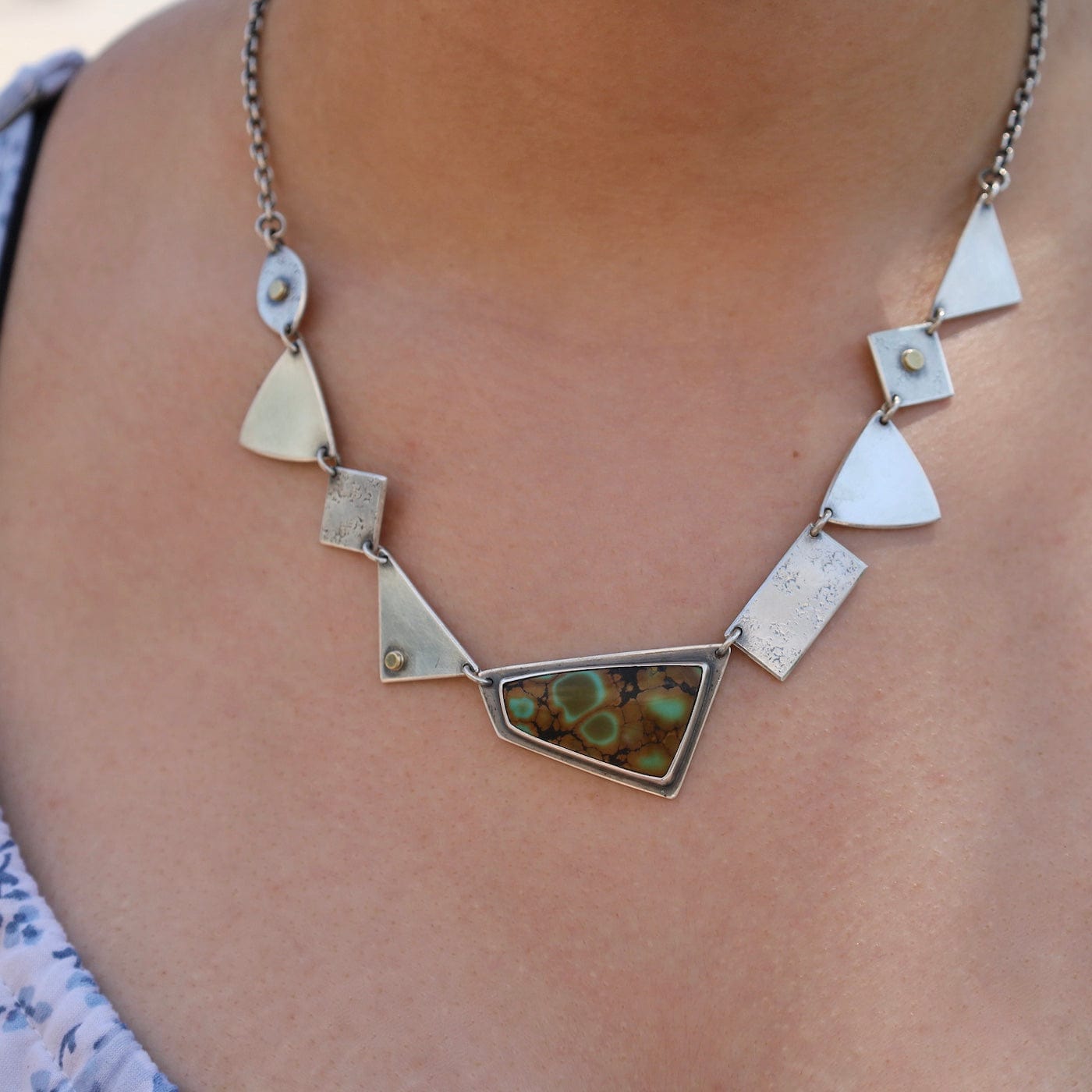 NKL One of a Kind Sterling Silver Handmade Tiles & Hubei Turquoise Necklace