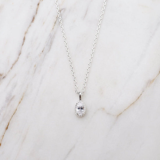NKL Oval CZ with Milgrain Edge Necklace - Sterling Silver