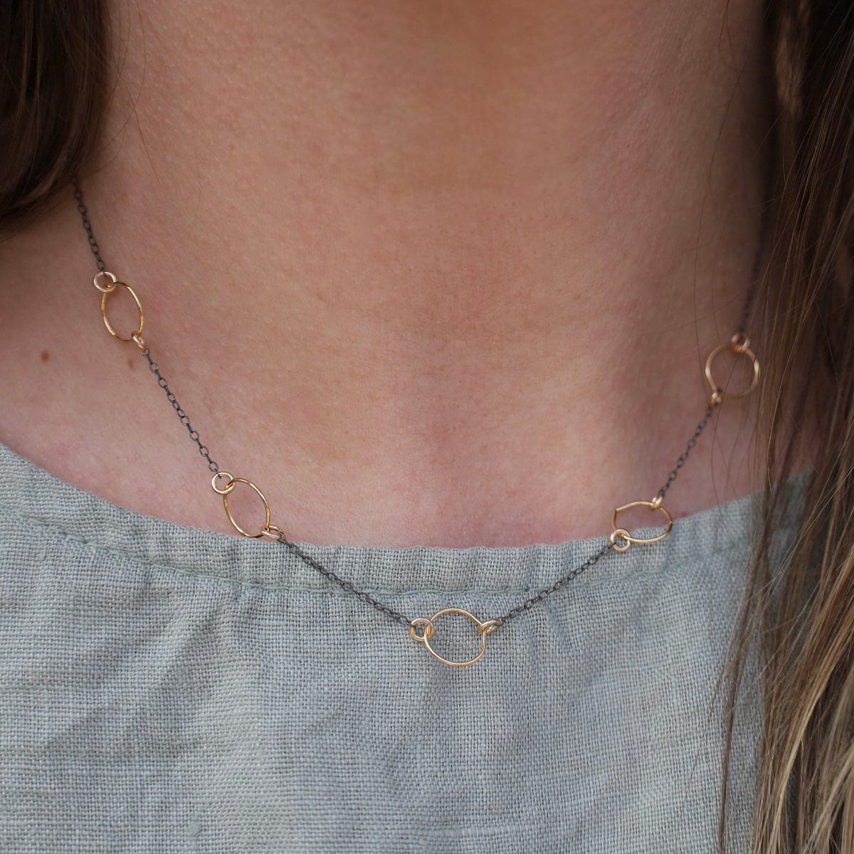 NKL Oxidized Chain with Small Gold Filled Hoops Necklace