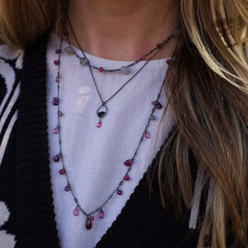 NKL Oxidized Silver Garnet & Tourmaline Rain Drops Nec