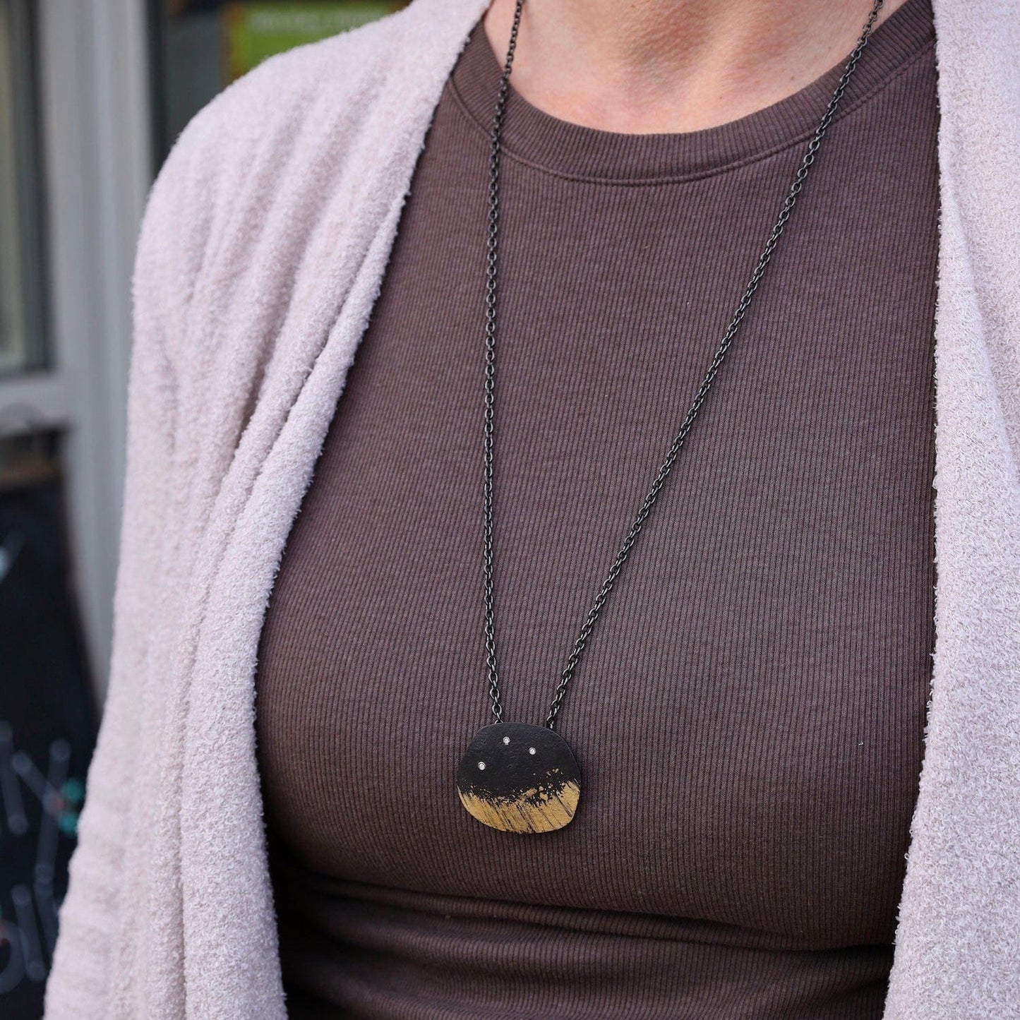 NKL Pat Flynn Iron Petal Necklace with 3 Diamonds and Gold Dust