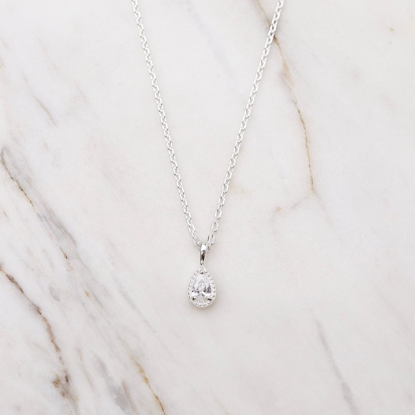 NKL Pear Cut CZ with Milgrain Edge Necklace - Sterling Silver