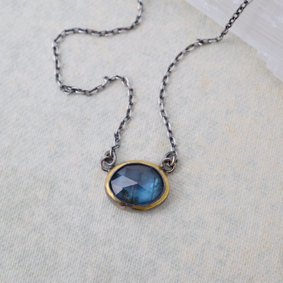 Load image into Gallery viewer, NKL Petite Crescent Rim Necklace with Teal Kyanite
