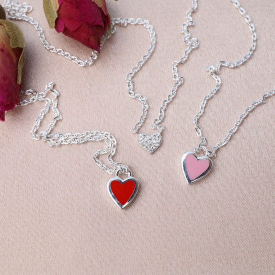 NKL Pink Enamel Heart Necklace in Sterling Silver
