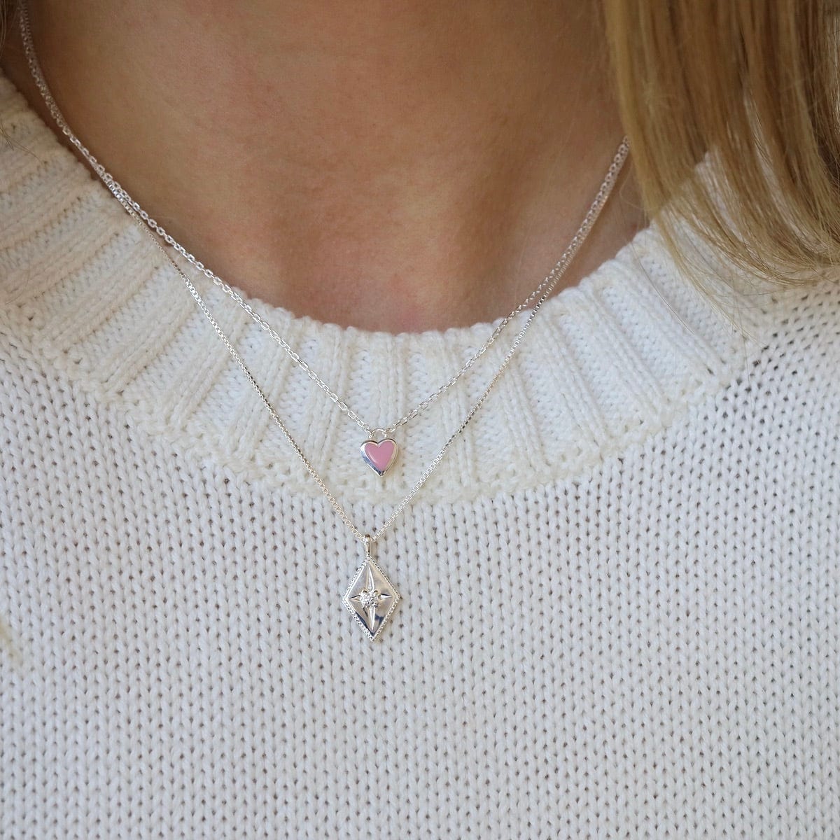 NKL Pink Enamel Heart Necklace in Sterling Silver