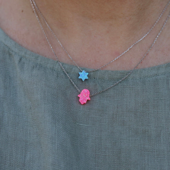 Load image into Gallery viewer, NKL Pink Opal Hamsa Hand Necklace on Sterling Silver Chain
