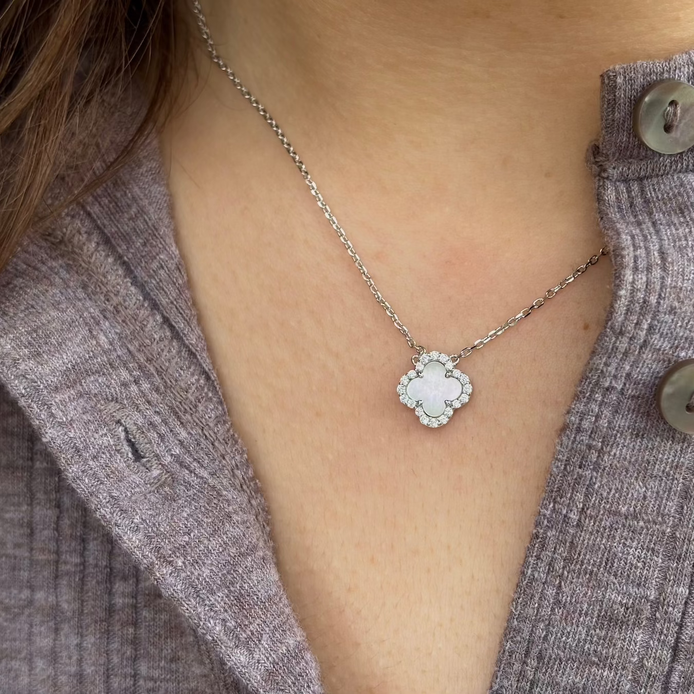 NKL-PPL Platinum Plated Mother of Pearl Halo Pendant Necklace