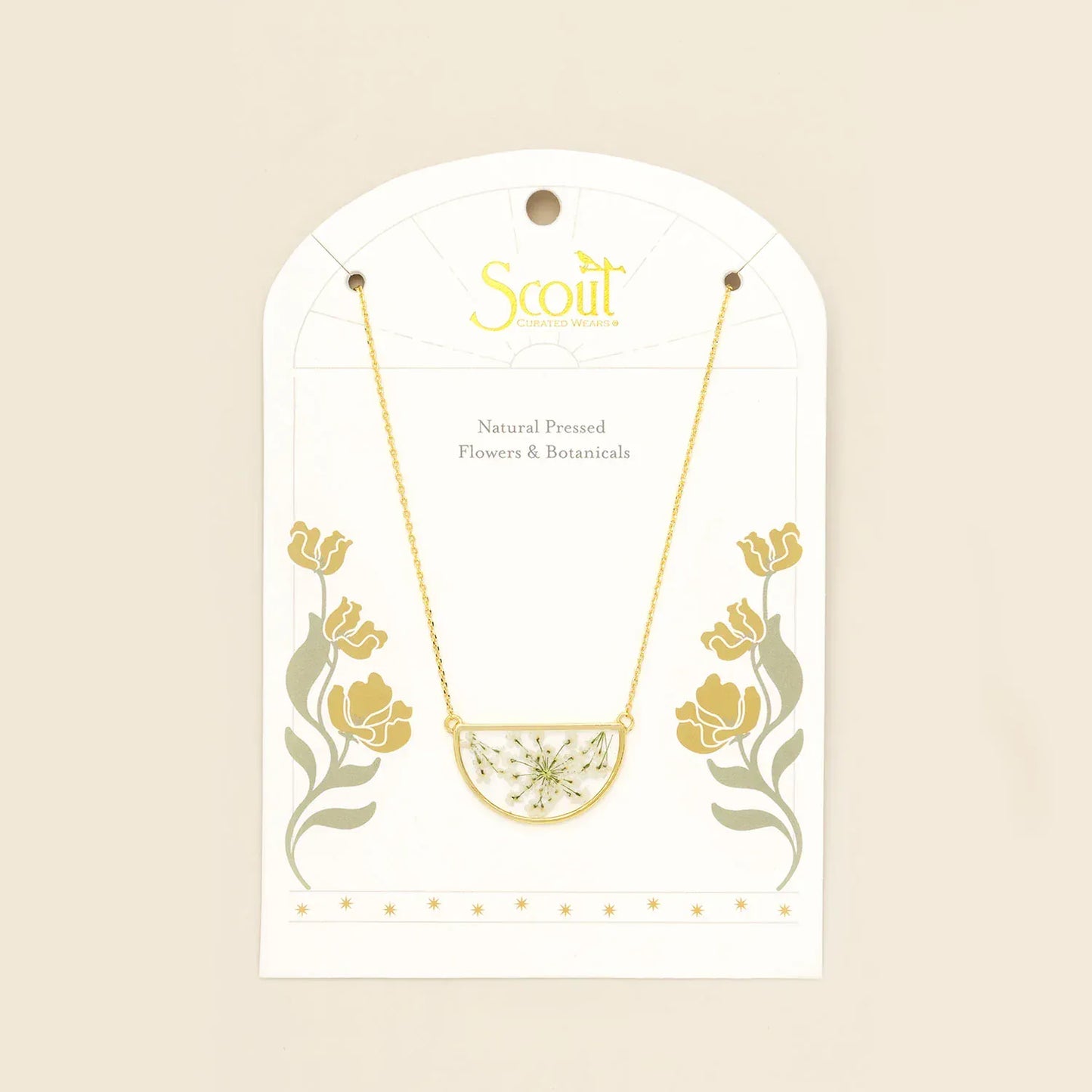 NKL Pressed Flower Necklace - White Lace Flower/Gold