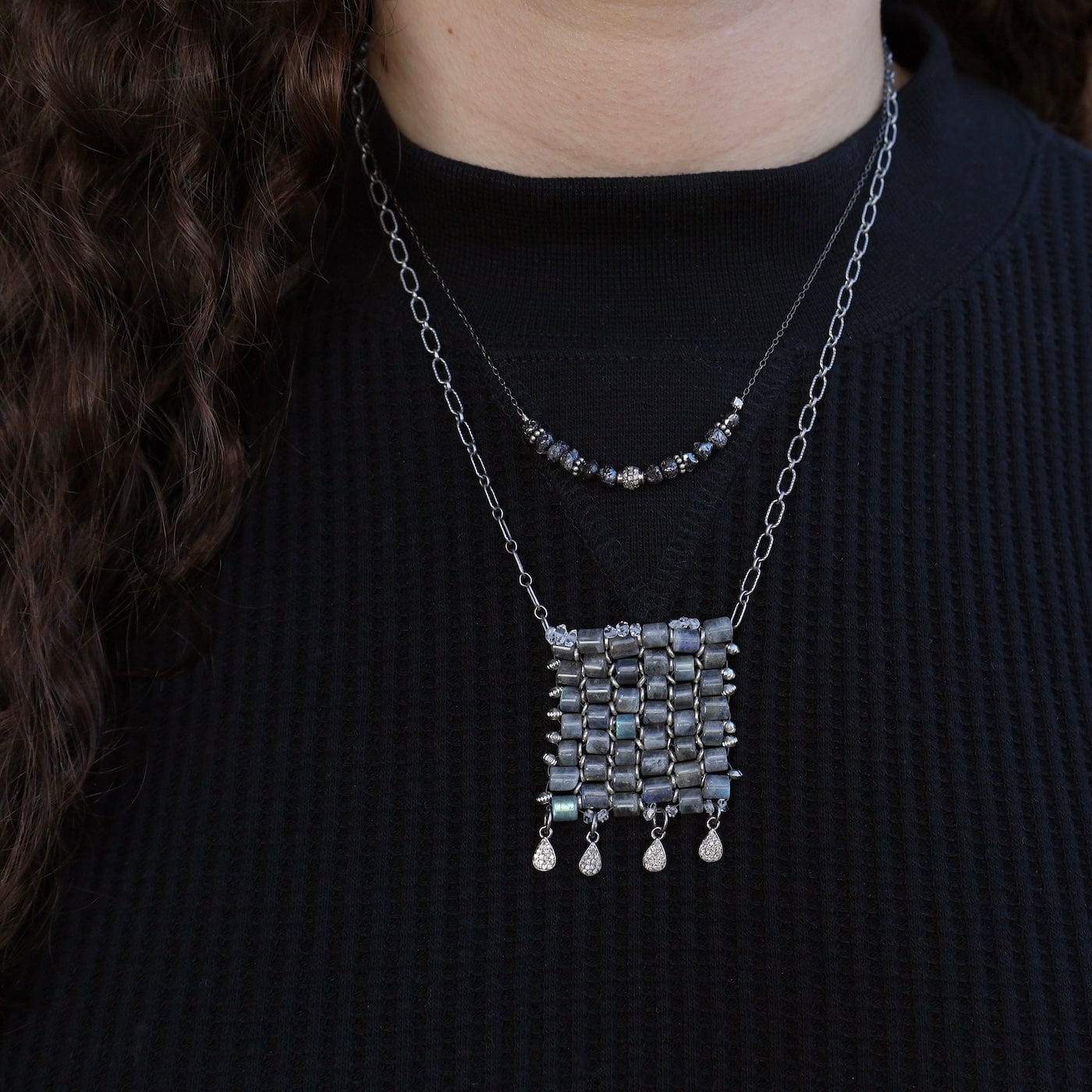 NKL Raw Black Diamonds with Pave Diamond Ball Necklace