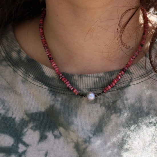 NKL Rhodochrosite with Grey Pearl Necklace