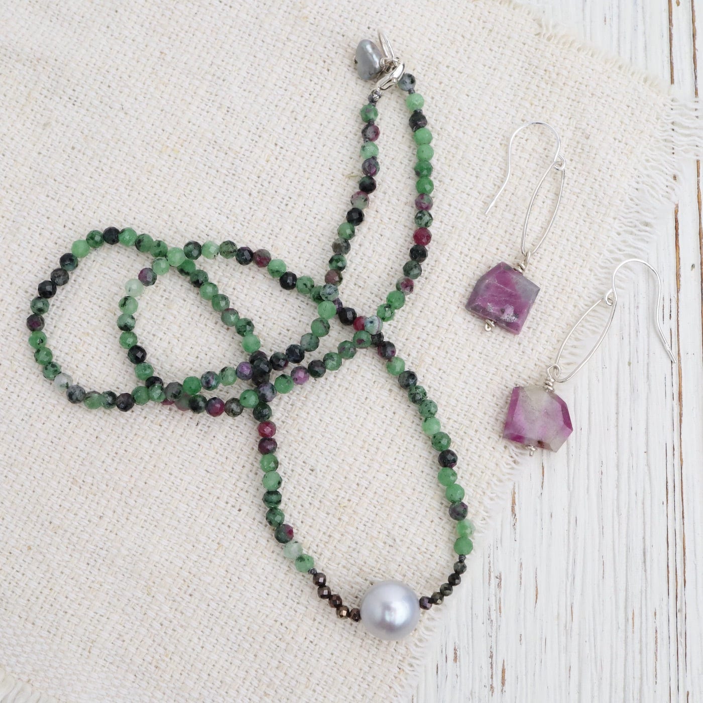 NKL Ruby Zoisite with Grey Pearl Necklace