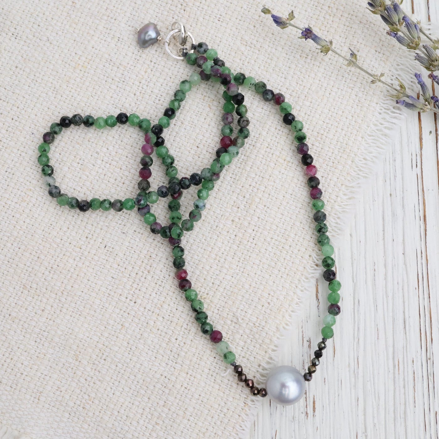 NKL Ruby Zoisite with Grey Pearl Necklace