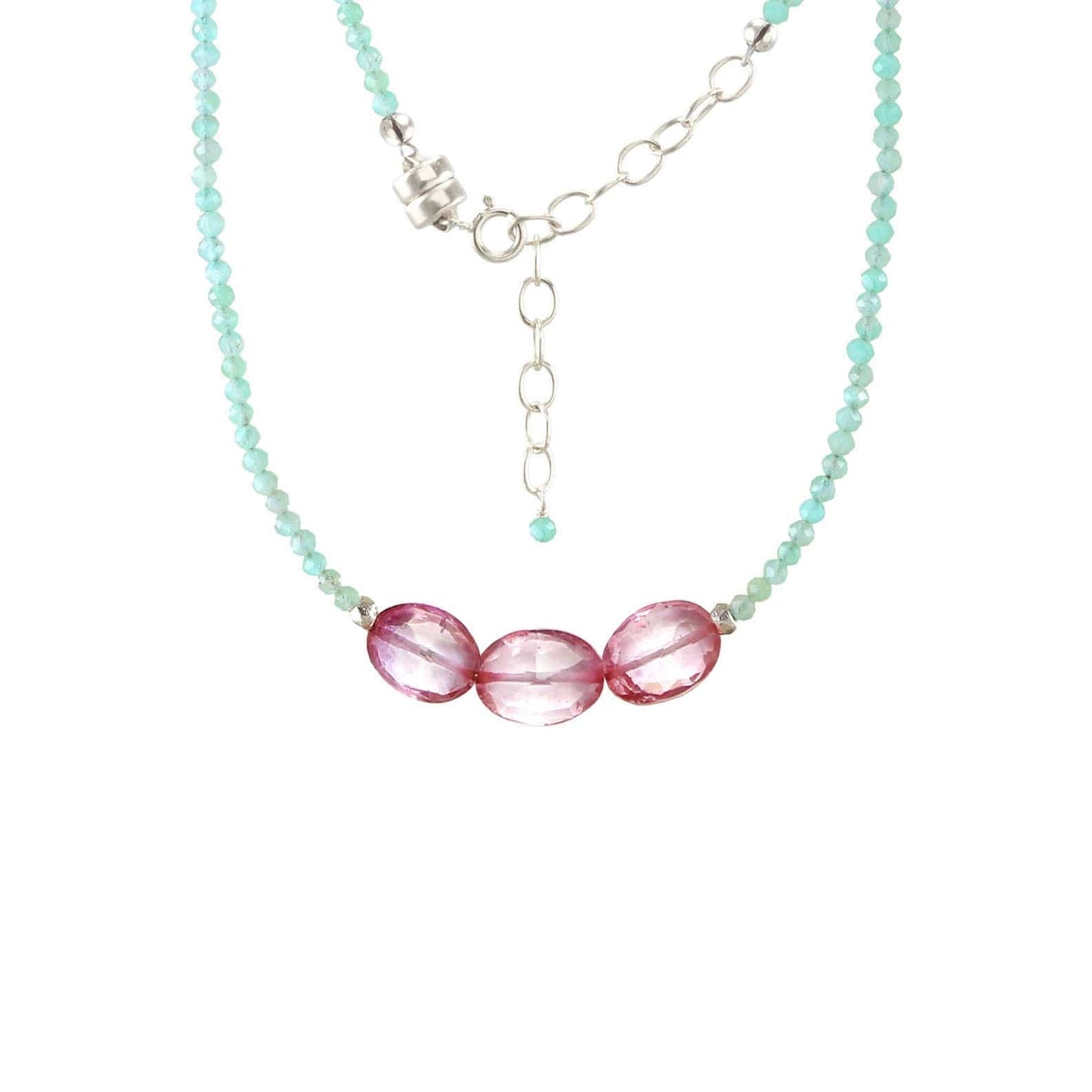 NKL Silver Amazonite with 3 Pink Topaz Ovals Necklace