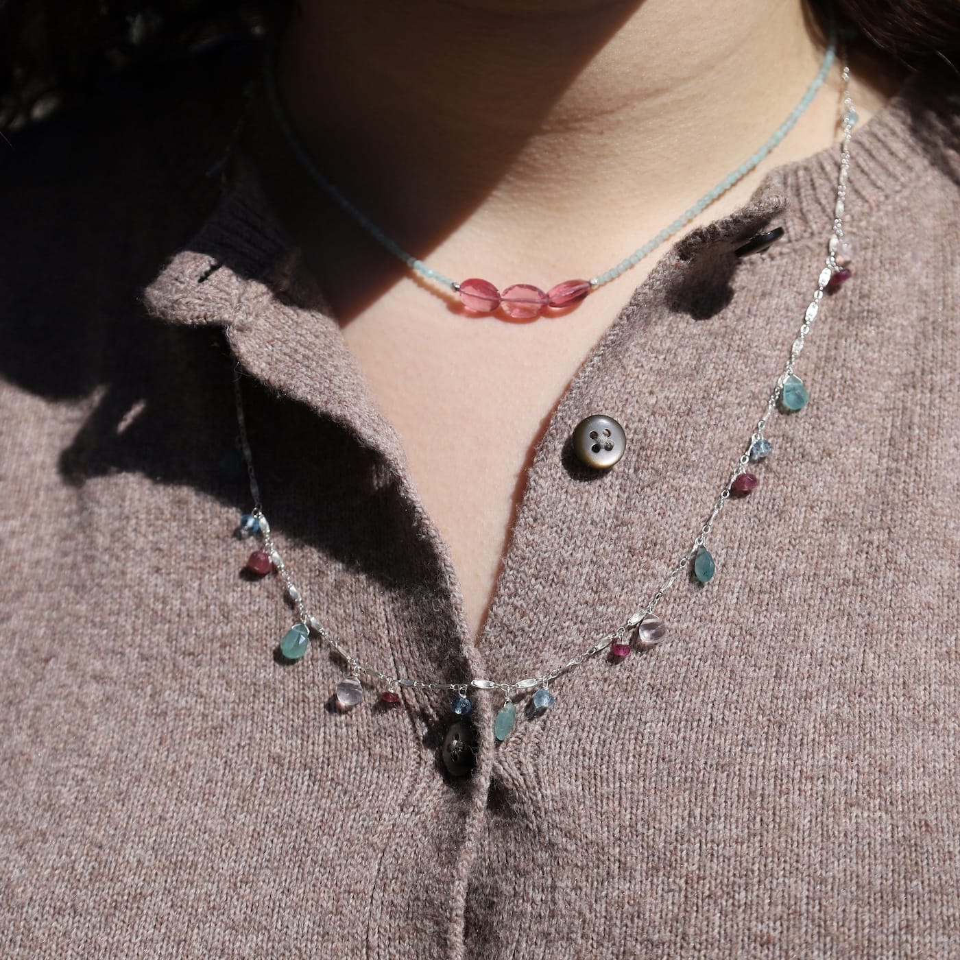 NKL Silver Amazonite with 3 Pink Topaz Ovals Necklace