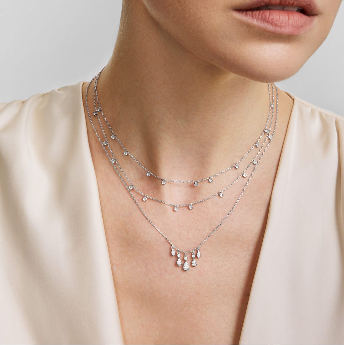 NKL Silver Bezel Set Teardrop Cascade Necklace