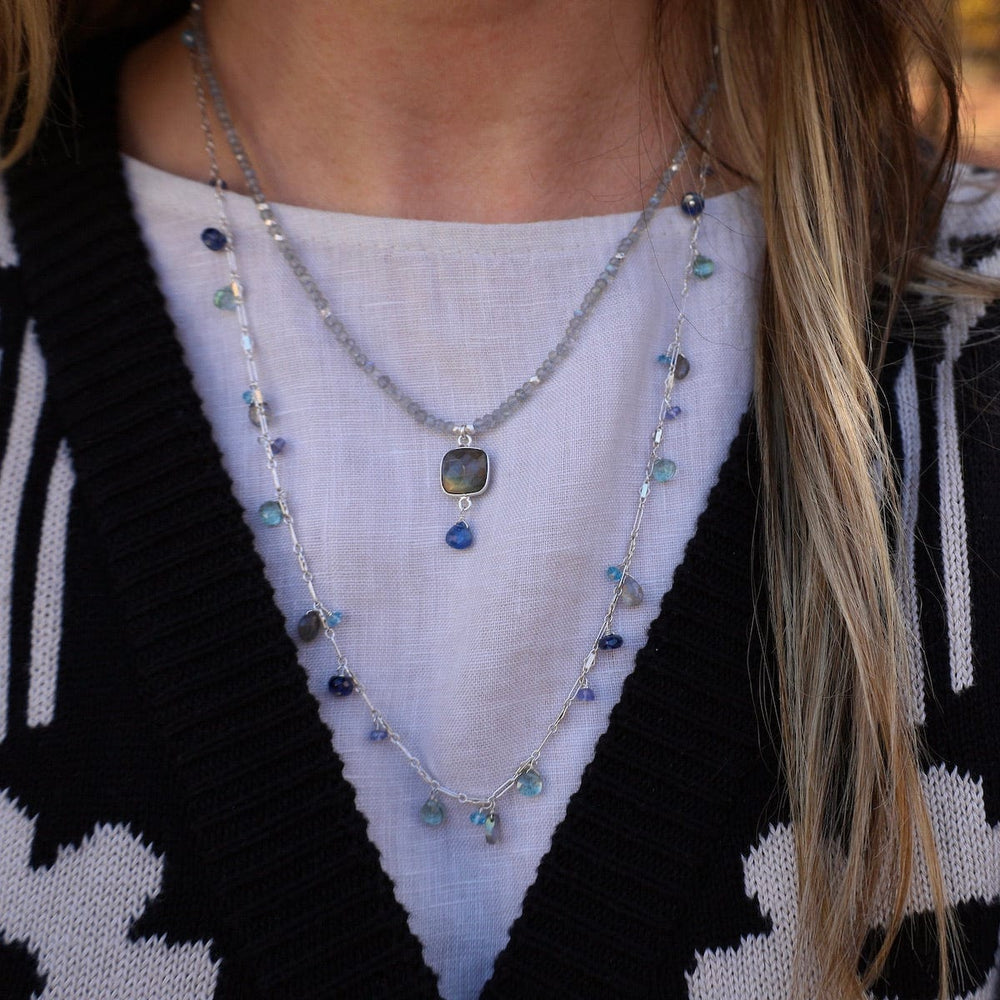 NKL Silver Blue Topaz & Labradorite Rain Drops Necklac